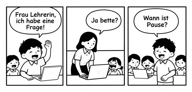 Comic: Ein Schüler meldet sich und fragt die Lehrerin, wann Pause ist